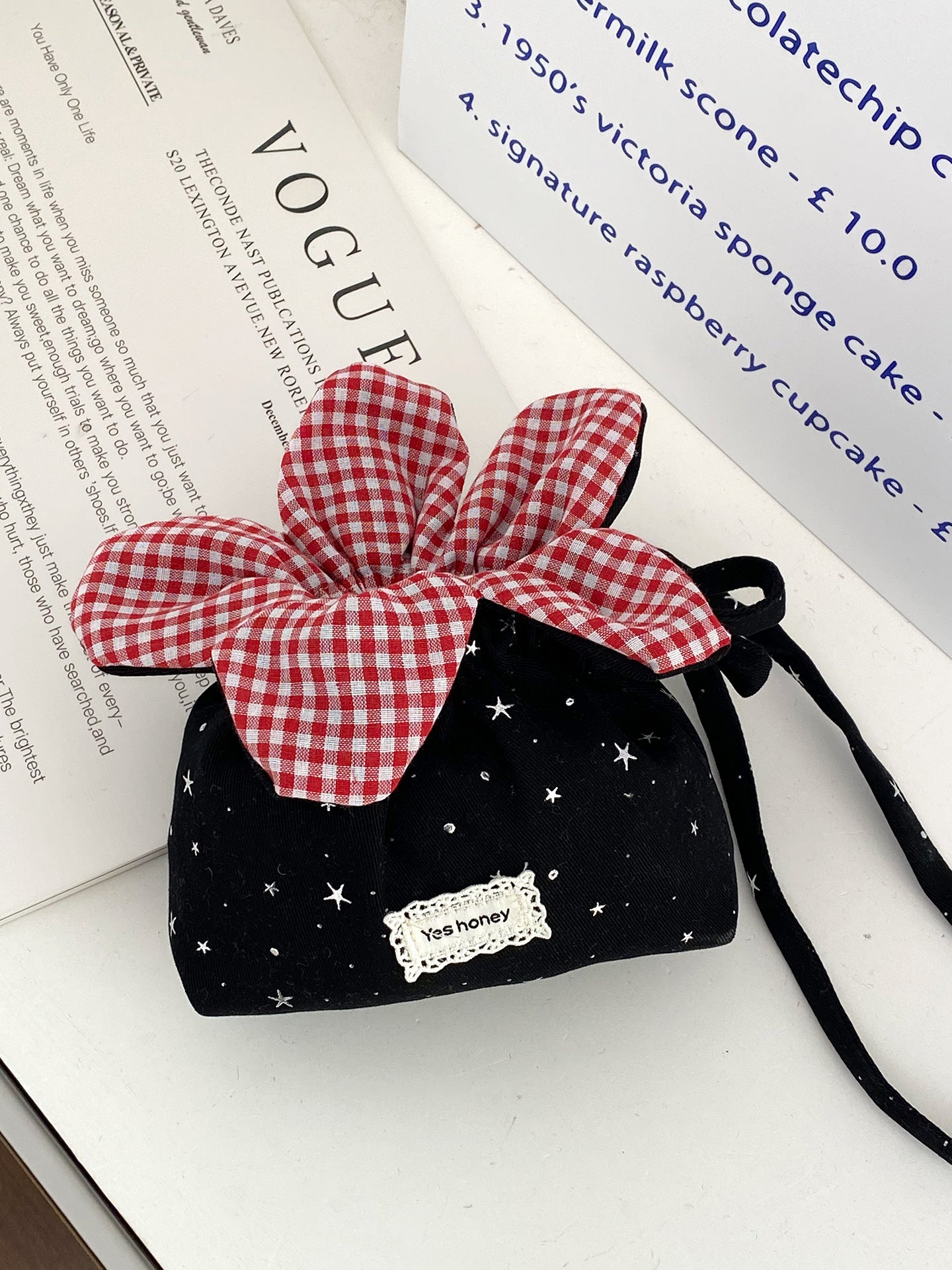 Cute Denim Flower Drawstring Crossbody Bag with Gingham Bloom, Korean Style Casual Phone Pouch for Daily Outings