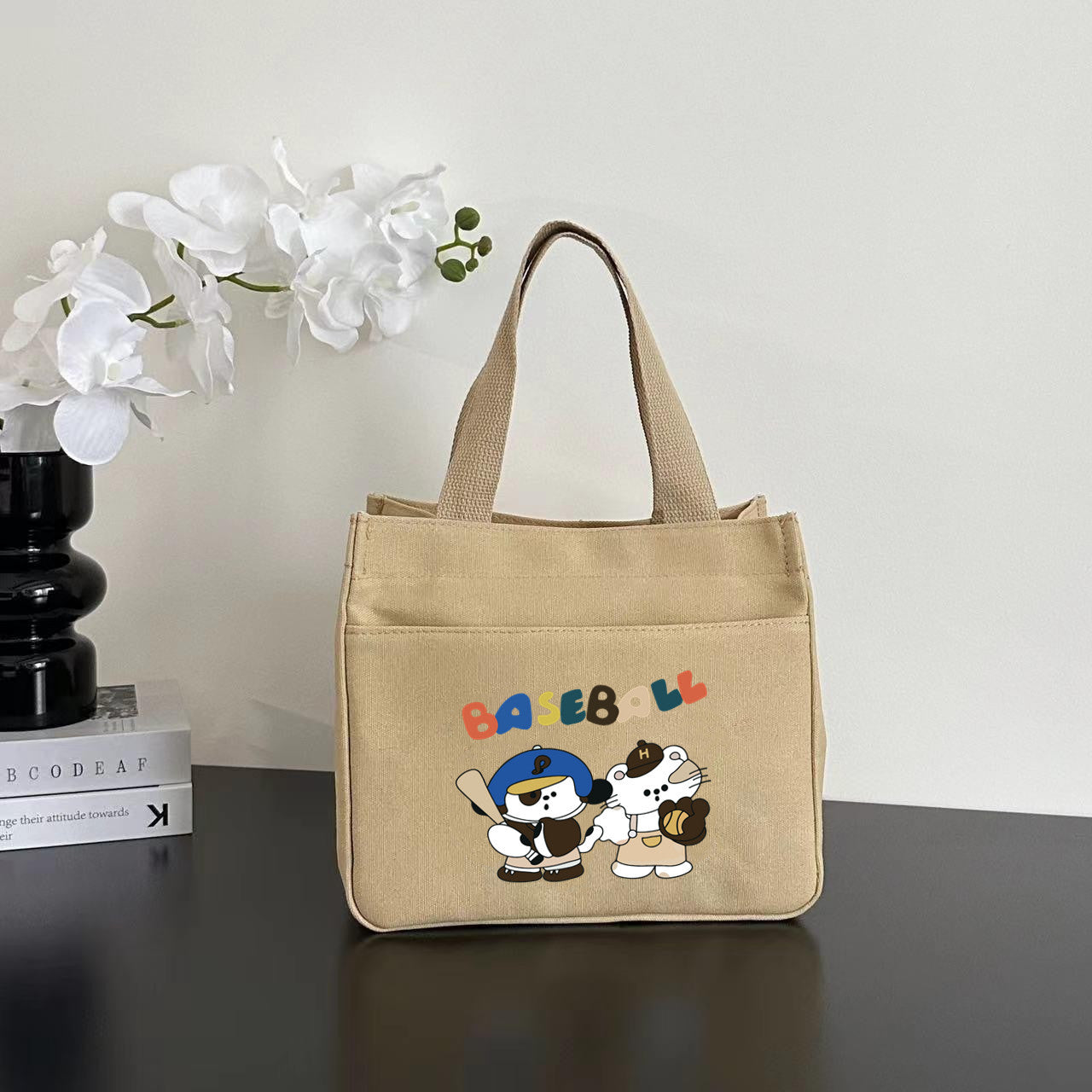 Women's Shoulder Bag Nordic Bear Canvas Tote Bag Zipper Design Cute Cartoon Pattern Daily Commuter Bento Tote Bag