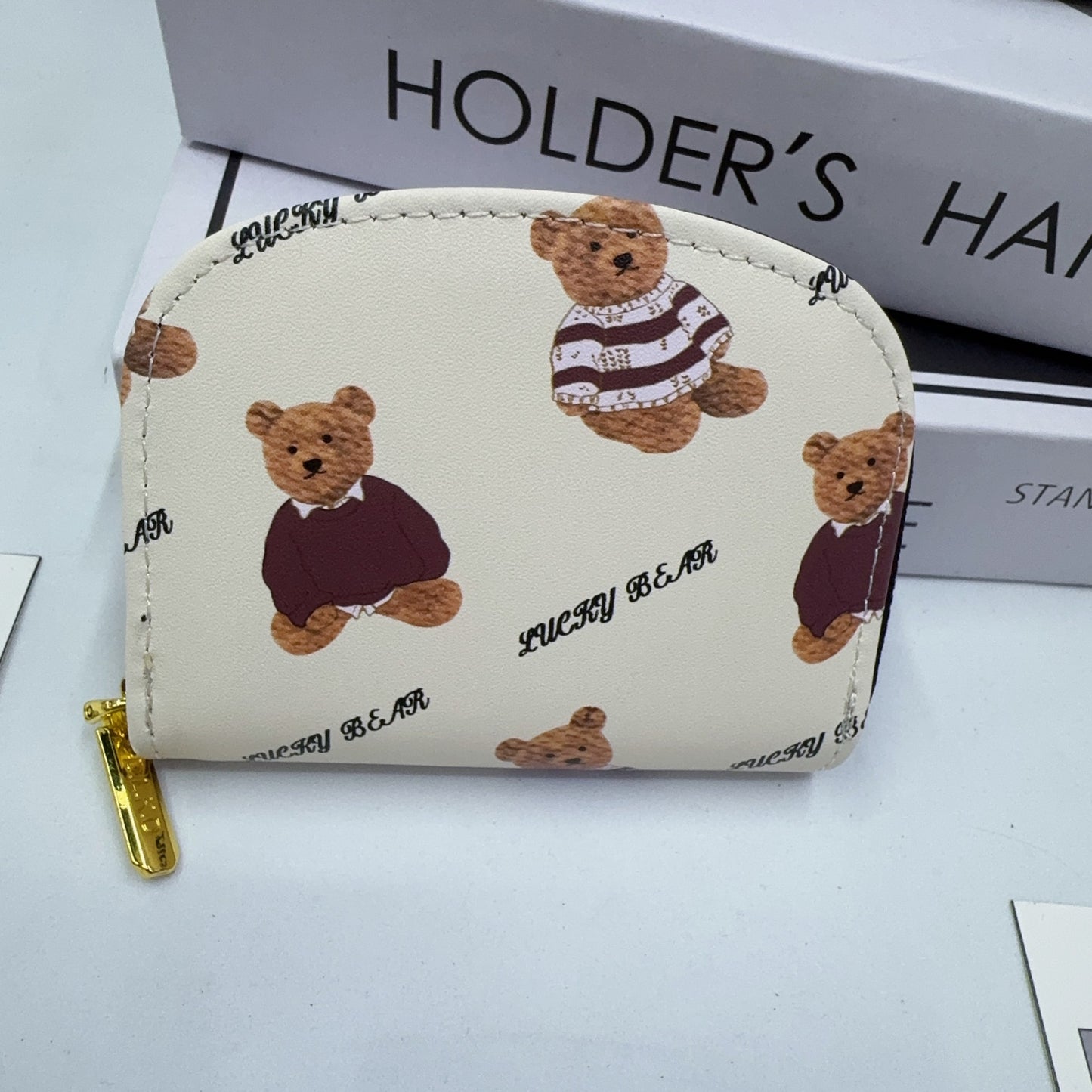 Cute Bear Pattern PU Card Holder for Women and Students, Anti-Magnetic Multi-Card Wallet with Zipper Closure