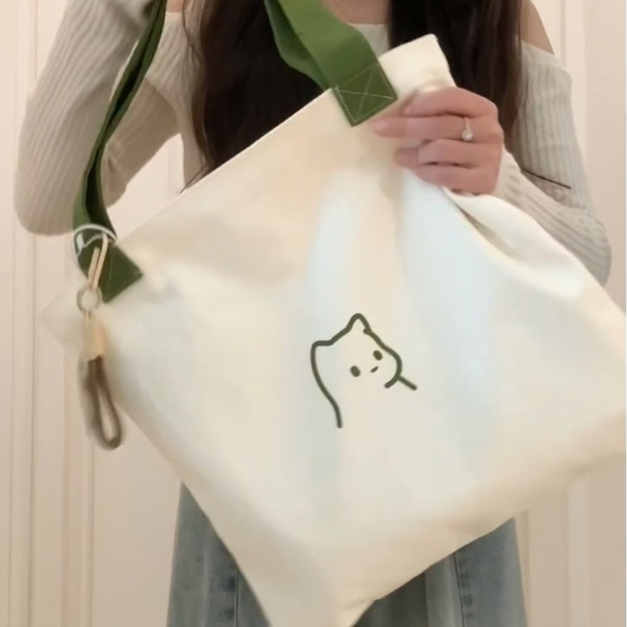 Cute Cat Print Canvas Tote Bag for Women, Large Capacity Shoulder Bag with Simple Design, Perfect for Daily Use and School