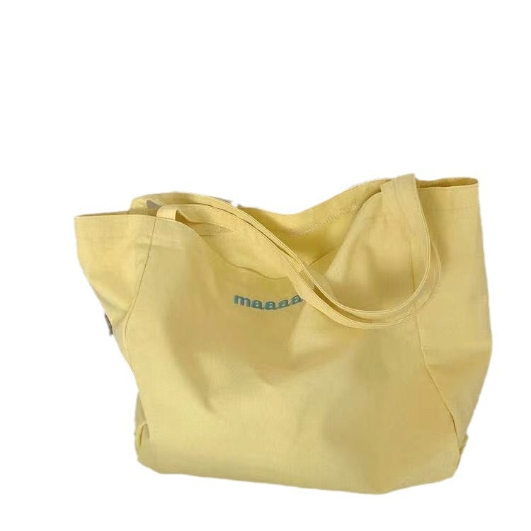 Cute Candy Color Canvas Tote Bag with Letter Print and Fluffy Charm for Daily Use and School