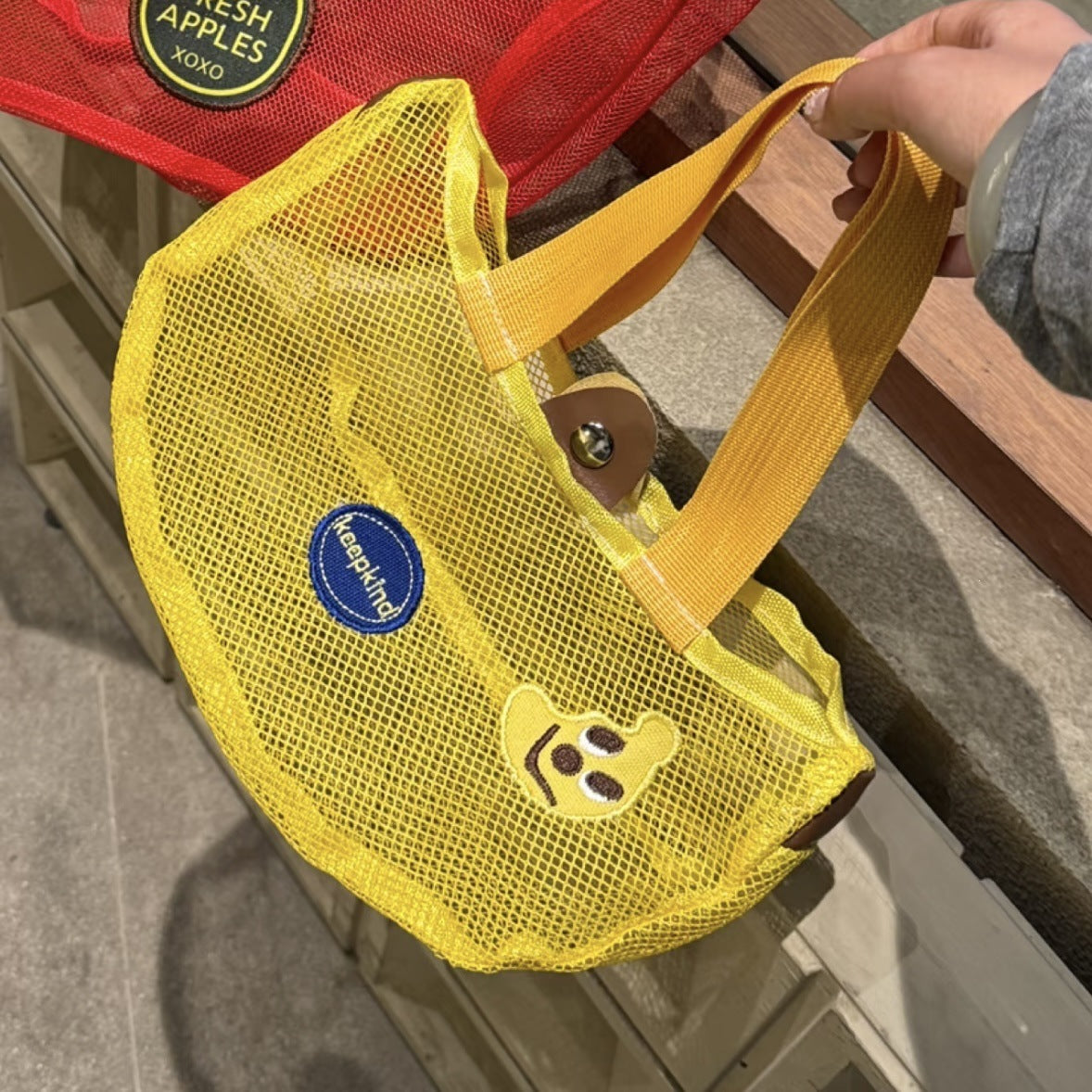 Cute Mesh Tote Bag with Embroidered Fruit Design, Perfect for Summer Beach and Daily Use