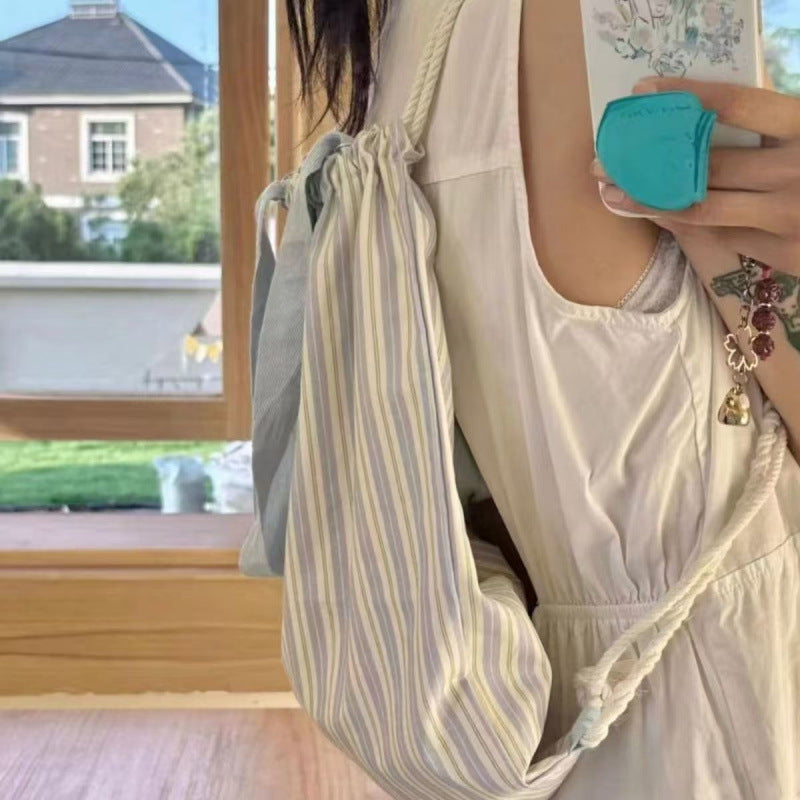 Canvas casual backpack for women, new drawstring striped large capacity shoulder bag