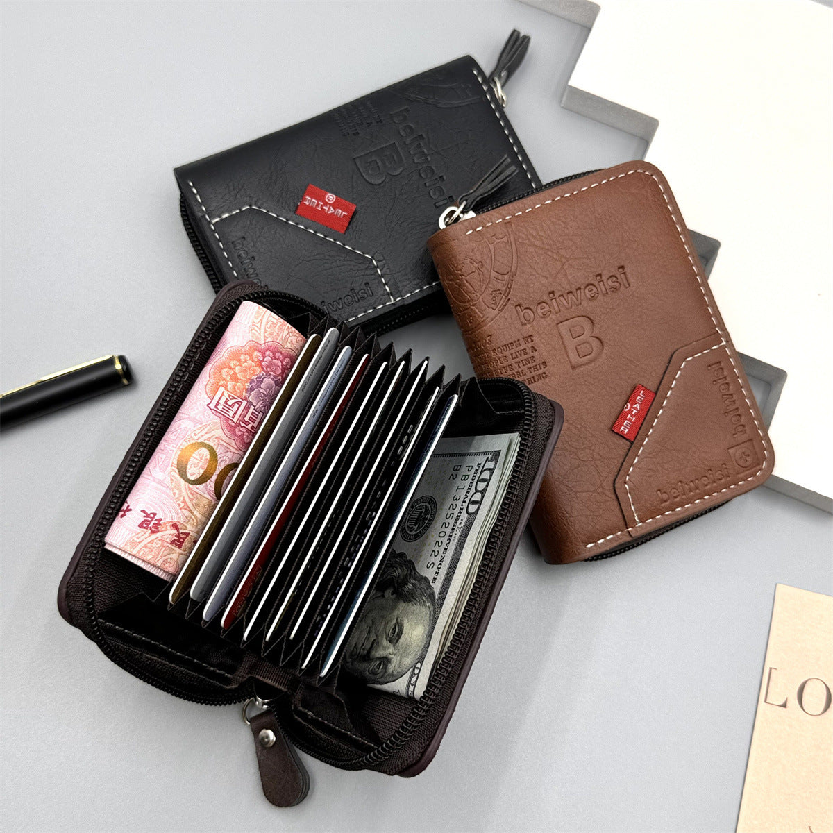 Men's Wallet Fashion Pu Multiple Card Slots Zipper Card Holder Multifunctional Daily Storage Coin Purse