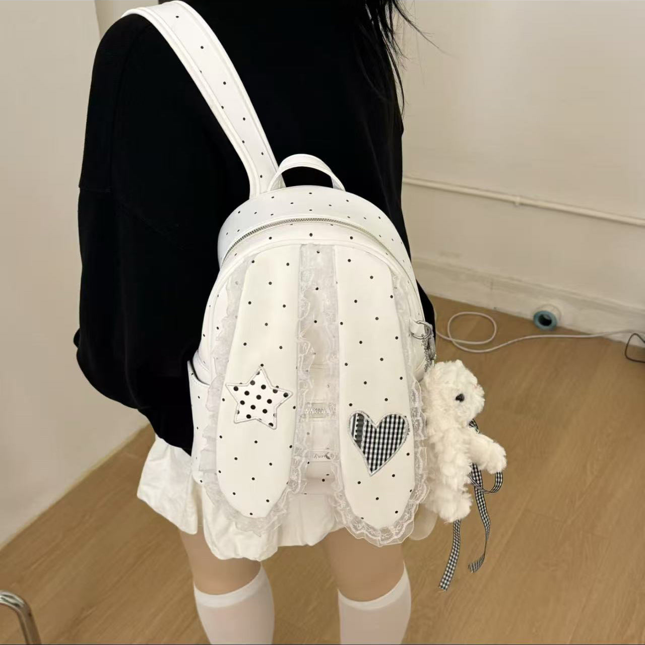 Cute Polka Dot Backpack with Lace Trim and Heart Star Design, Perfect for Daily Use and School