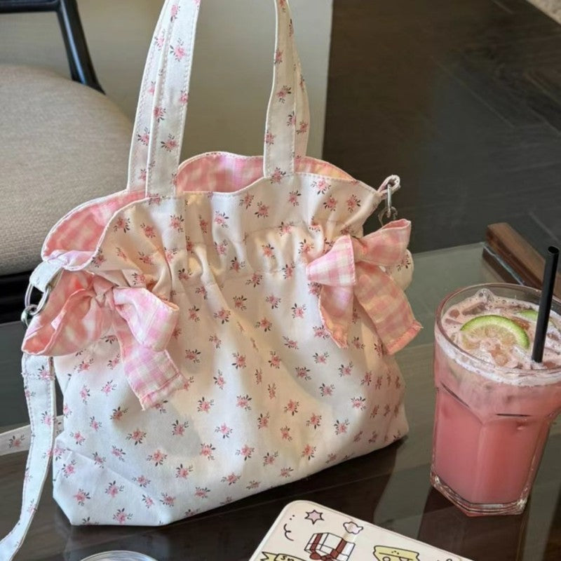 Floral Print Tote Bag with Bow Detail - Versatile Shoulder Handbag for Daily Use and Travel