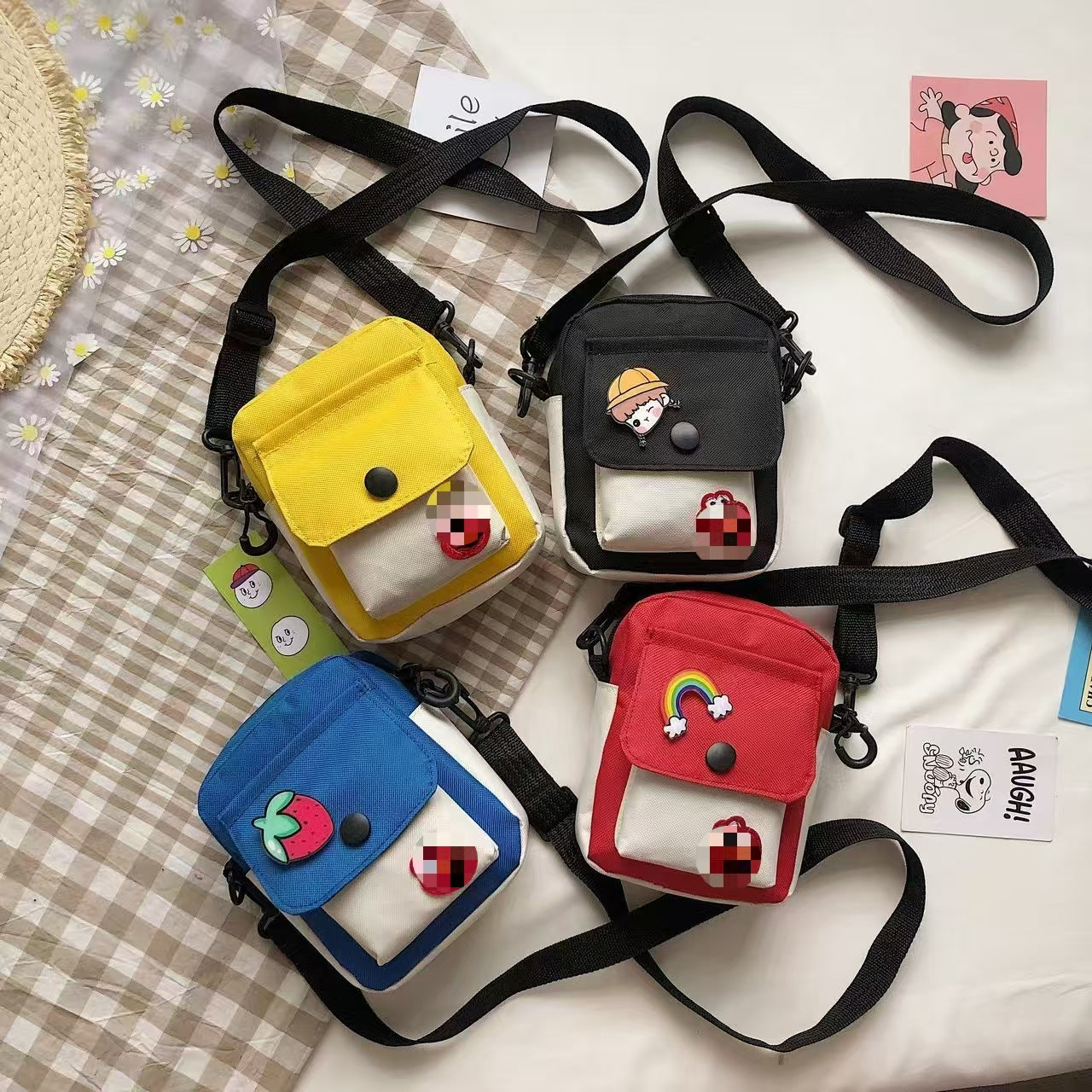 Cute Street Style Crossbody Bag with Cartoon Patch and Functional Pockets for Daily Use