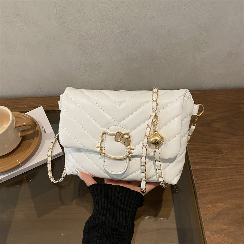 Chic Quilted Crossbody Bag with Hello Kitty Charm, Fashionable Chain Strap for Daily Style