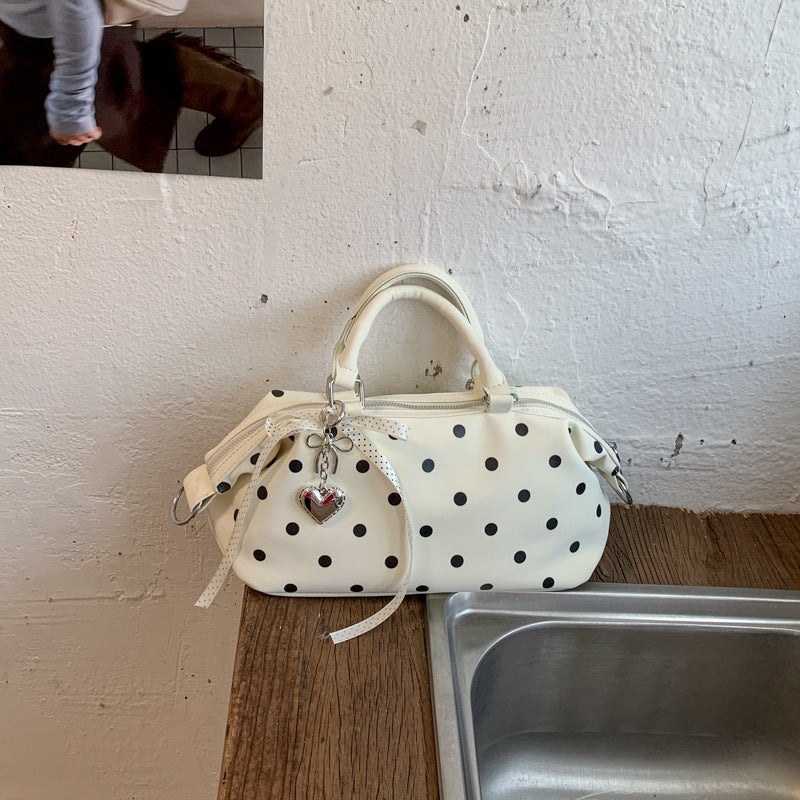 Chic Polka Dot Boston Bag for Women - Trendy Crossbody Handbag with Zipper Closure and Adjustable Strap