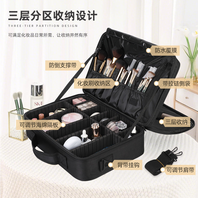 Large Capacity Portable Cosmetic Makeup Case with Multiple Layers and Brush Organizer for Travel and Home Use