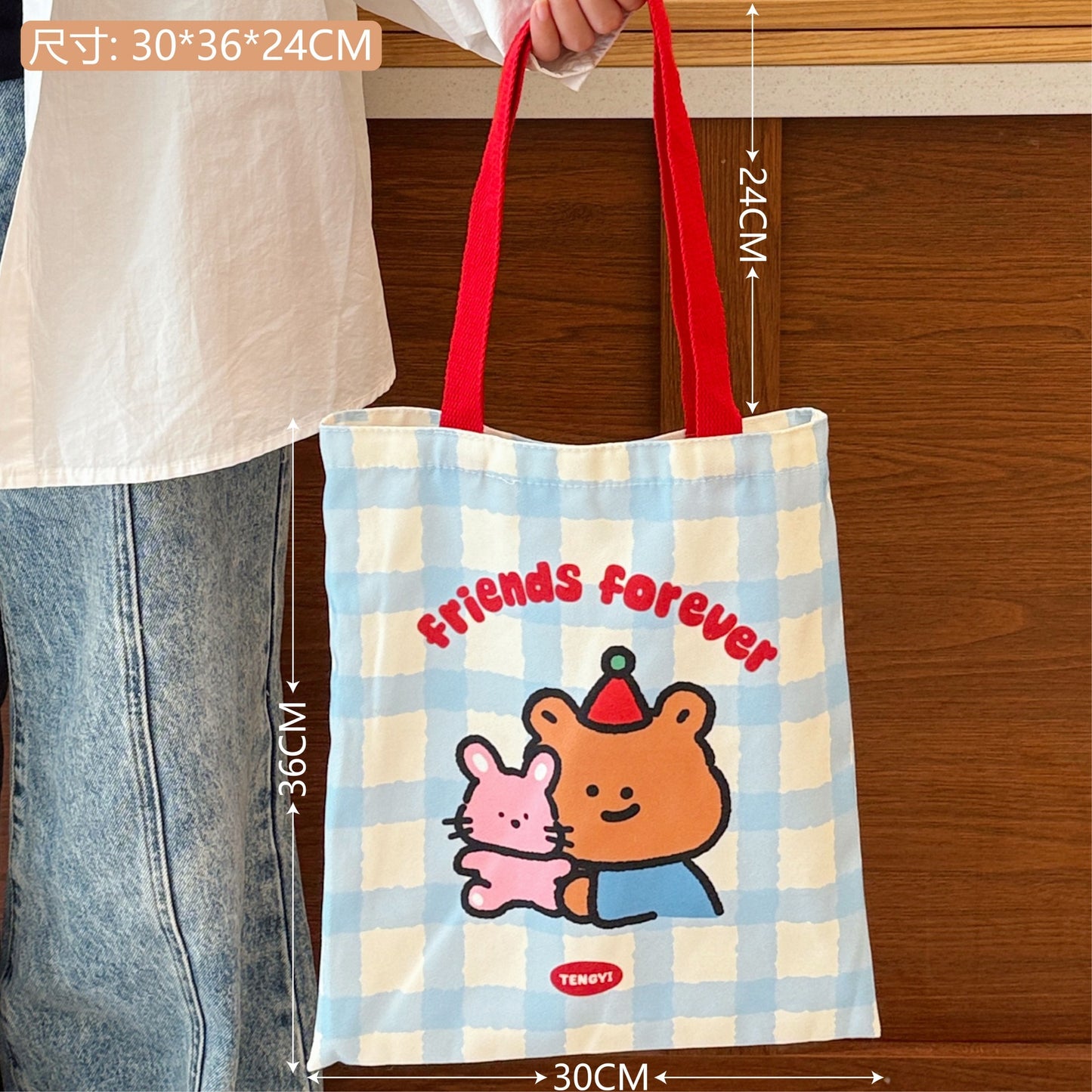 Cute Cartoon Canvas Bag Apple Kitten Canvas Bag Female Student Tuition Bag Handbag Double-Sided Cloth Bag