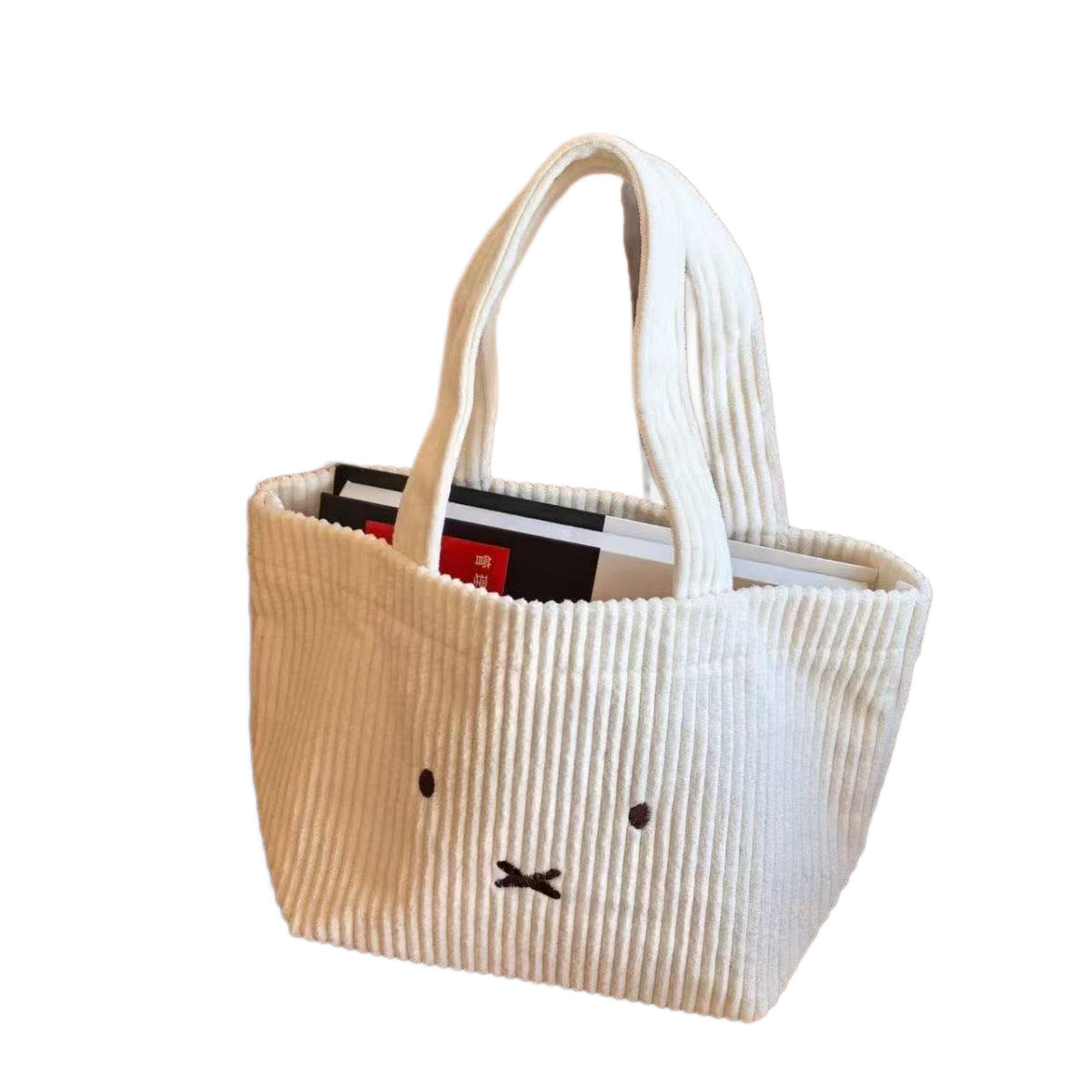 Cute Rabbit Embroidered Corduroy Tote Bag with Large Capacity and Soft Design for Daily Use