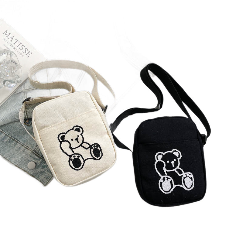 Cute Bear Embroidery Canvas Bag Women's New Shoulder Messenger Bag Versatile Student Phone Bag