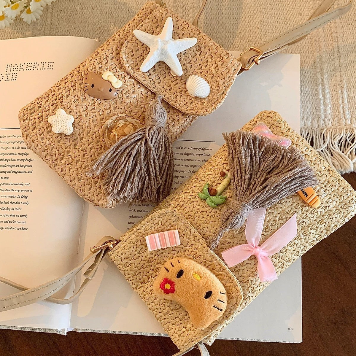 Handmade Crochet Hello Kitty Crossbody Bag for Women, Cute Cartoon Summer Beach Style Phone Pouch with Braided Strap