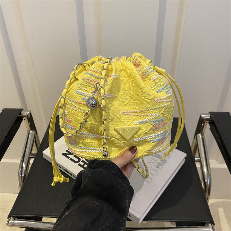New Chinese Style Rainbow Striped Embroidered Bucket Bag New Summer Rhombus Chain Indentation Shoulder Crossbody Lucky Bag