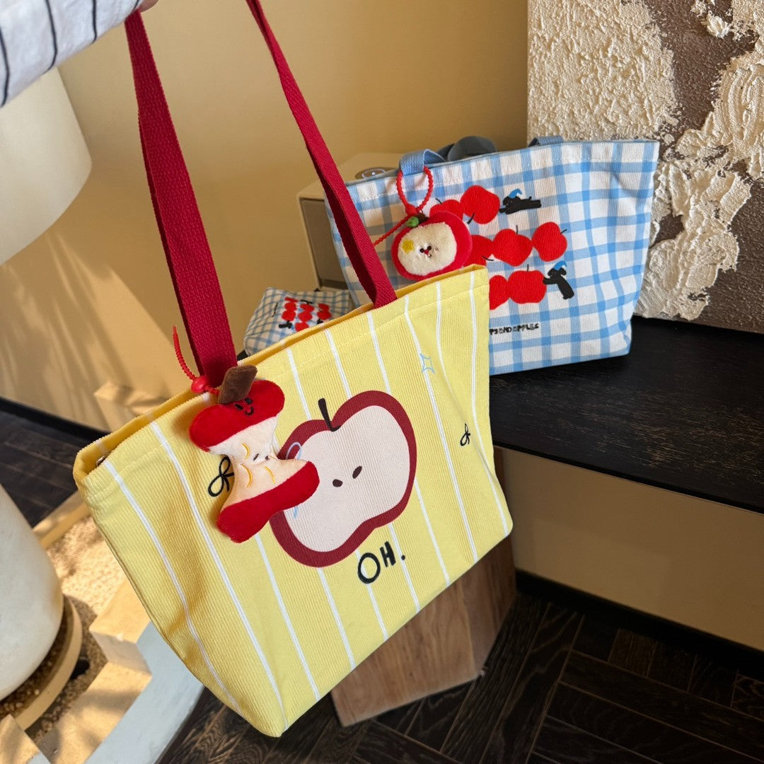 Cute Apple Print Canvas Tote Bag with Dual Straps and Zipper Closure for Daily Use