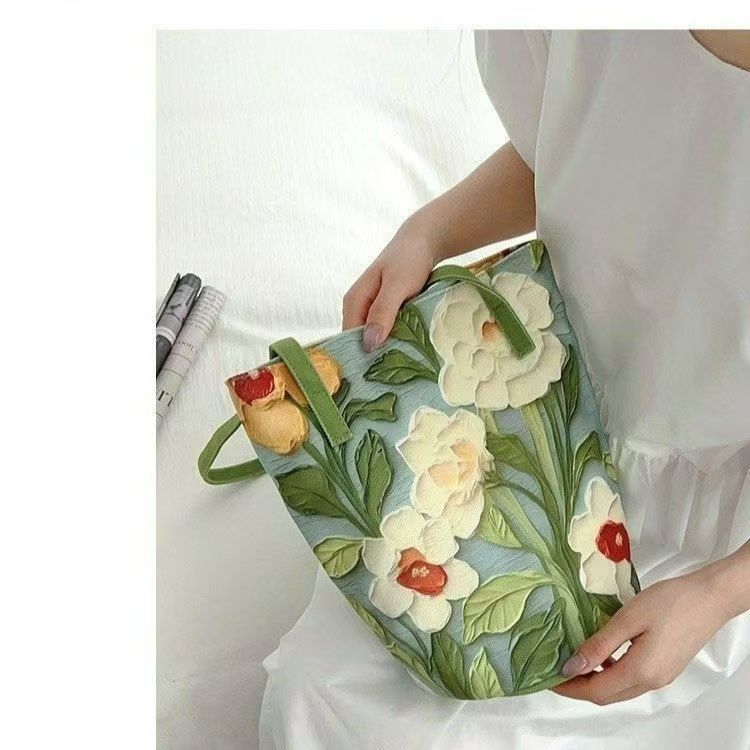 Oxford Cloth Three-Dimensional Bucket Bag Women's Summer Oil Painting Flower Versatile Large Capacity Shoulder Bag