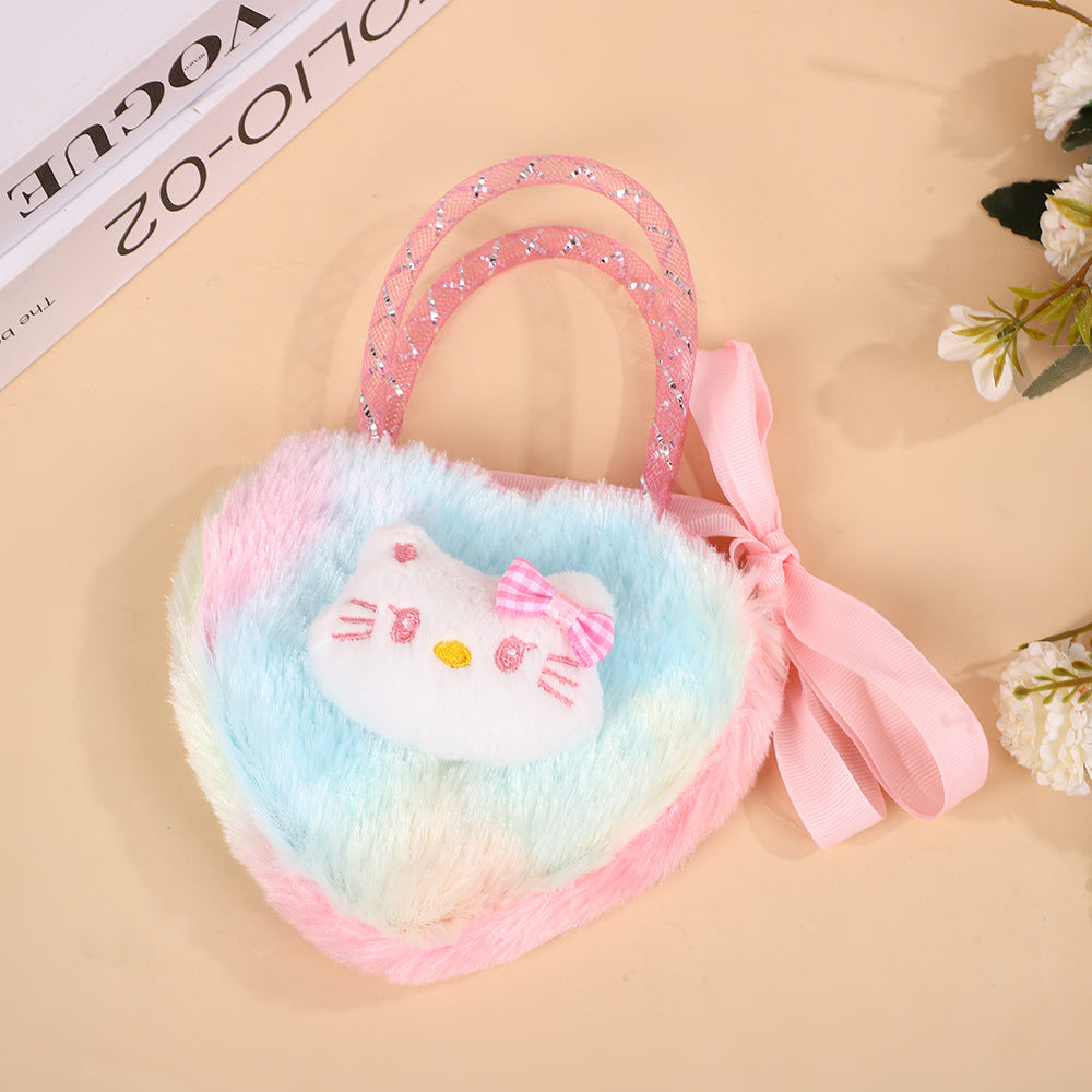 Cute Cartoon Kitty Fuzzy Heart-Shaped Backpack for Kids, Soft Plush Design with Bow Handle, Perfect for Daily Use and Storage