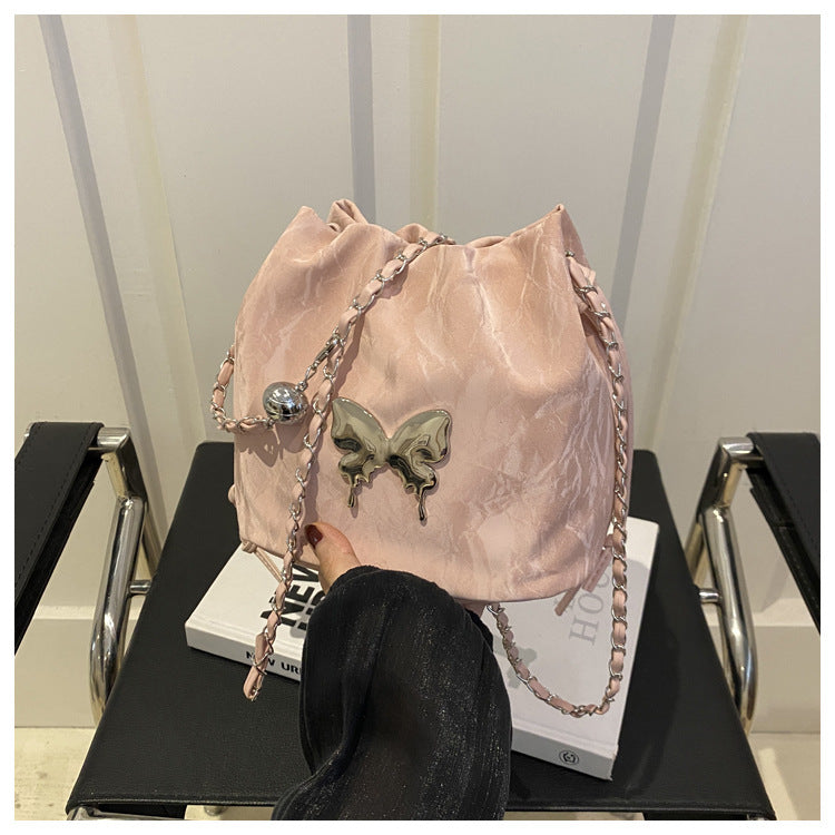 Fashionable Drawstring Bucket Bag with Chain Strap and Cute Pom-Pom Charm for Women
