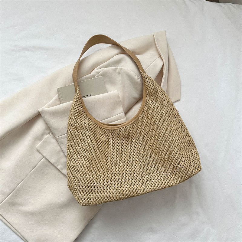 Korean Vintage Weave Tote Bag Women's Straw Large Capacity Underarm Shoulder Beach Bag