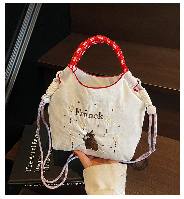 Cute Embroidered Nylon Crossbody Phone Bag Daily Commuter Bear Pattern Design