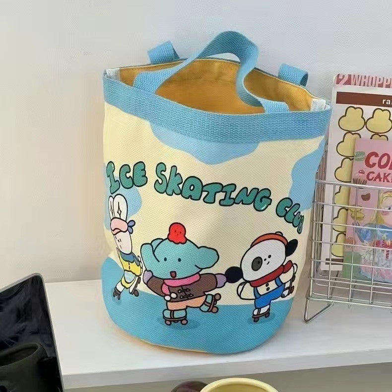 Cute Ice Skating Club Canvas Tote Bag for Kids and Teens, Fashionable Bucket Style with Cartoon Print, Perfect for Daily Use and School