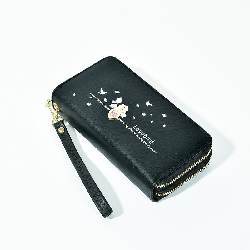 Cute Lovebird PU Wallet with Rhinestone Heart, Double Zipper, Wrist Strap & Card Slots for Women