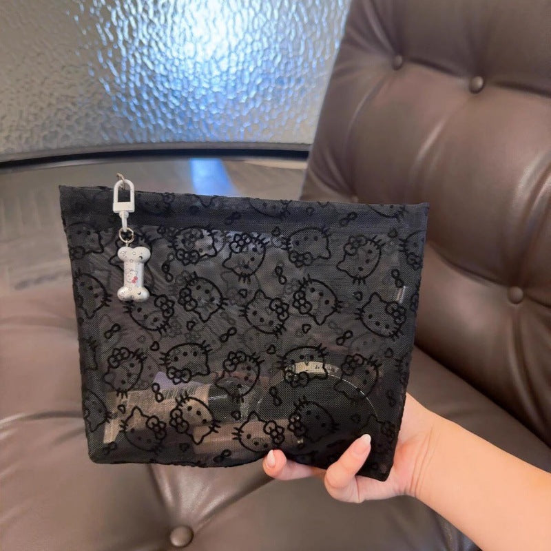 Cute Cat Mesh Girl Cosmetic Bag Breathable and Simple Makeup Buggy Bag Stylish and Portable Clutch