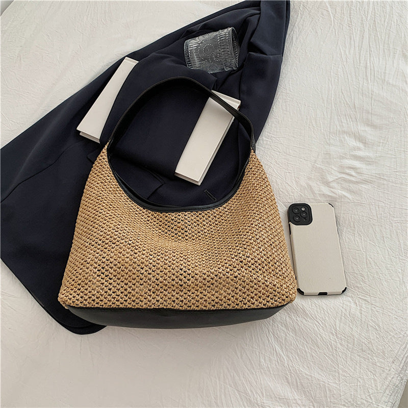 Retro Large Capacity Straw Woven Bag Women's New Vintage Weave Beach Underarm Bag Leisure Commuter Bag