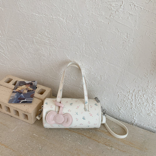 Cute Floral Cylinder Bag with Bow Detail, Fashionable Crossbody Tote for Daily Use