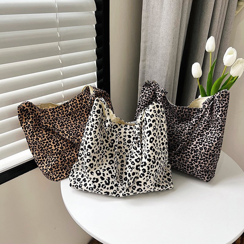 Leopard Print Canvas Tote Bag Women's Casual Shoulder Crossbody Bag Large Capacity Soft Style Fashion Trendy