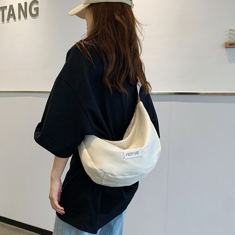 Casual Nylon Moon Bag with Letter Logo, Soft Crossbody Sling for Daily Commute and School