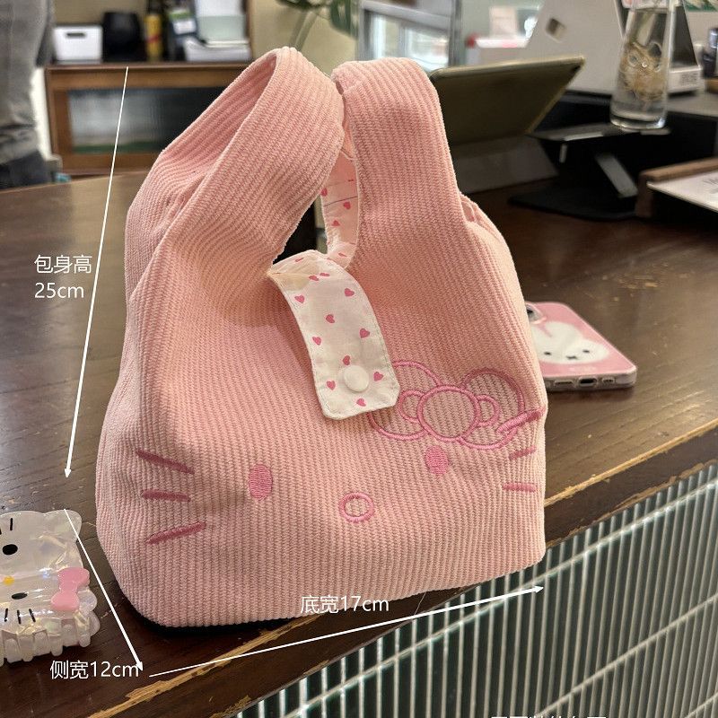 Cute Cartoon Cat Corduroy Handbag Heart-Shaped Pattern Everyday Joker out of Portable Bag
