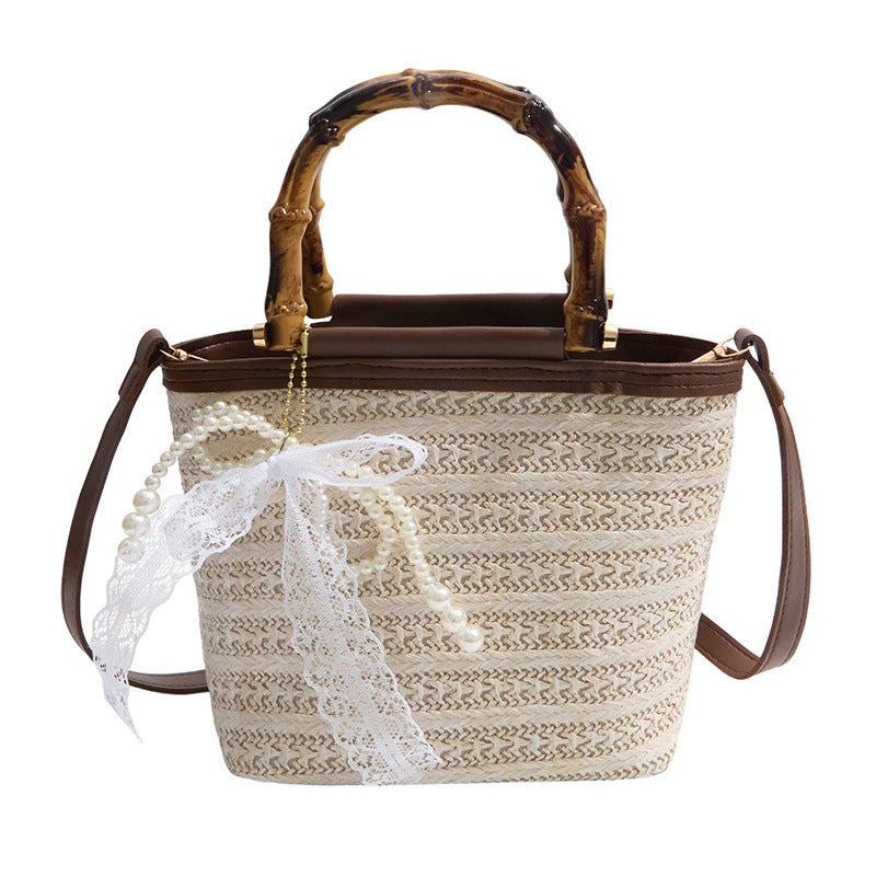 Summer New Fashion Bamboo Handle Woven Bucket Bag, Casual Minimalist Straw Handbag with Elegant Design