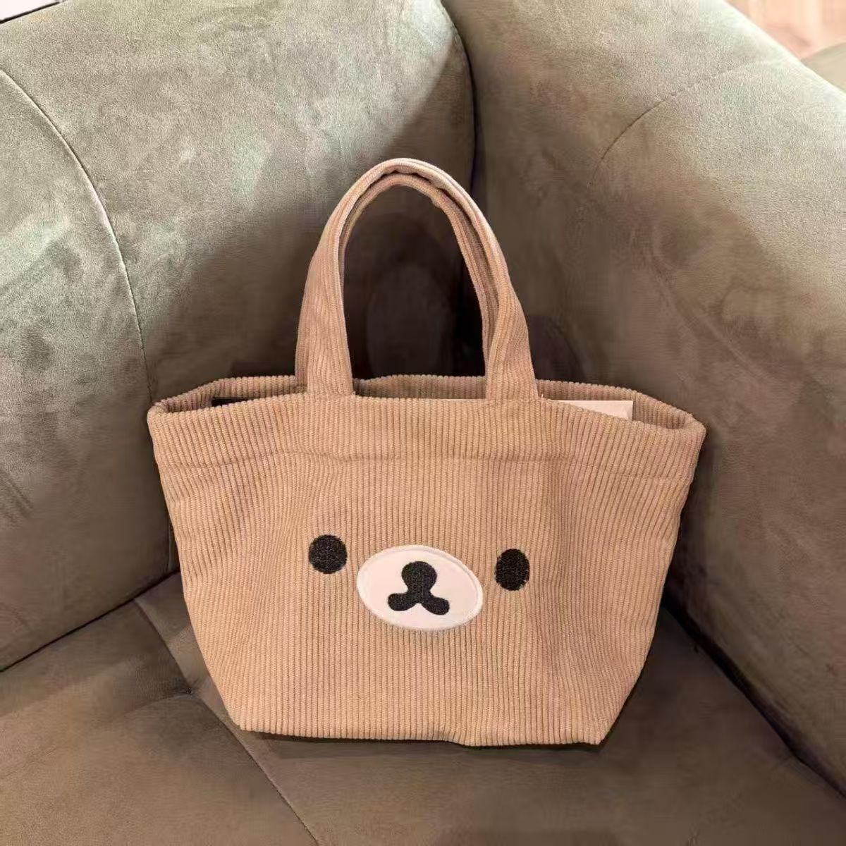 Cute Bear Face Corduroy Tote Bag with Embroidery Design, Soft and Large Capacity for Daily Use