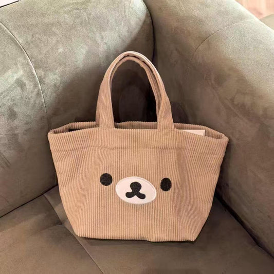 Cute Bear Face Corduroy Tote Bag with Embroidery Design, Soft and Large Capacity for Daily Use