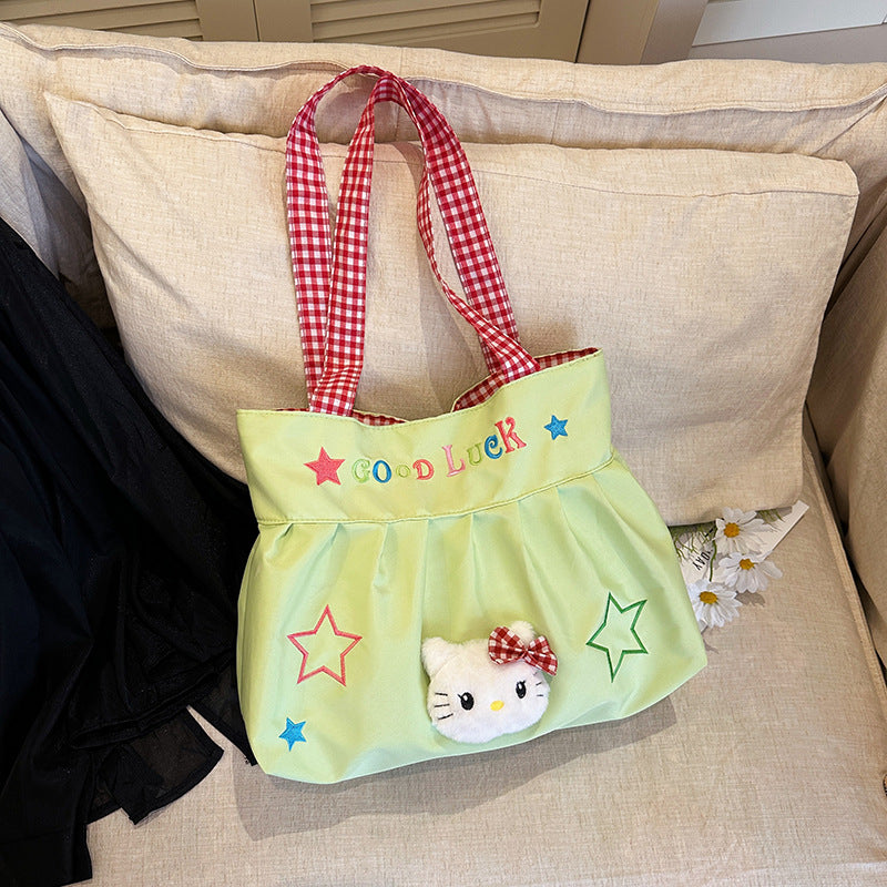 Cute Korean Style Versatile Kitty Pleated Handbag Women's New Large Capacity Commuter out Shoulder Bag