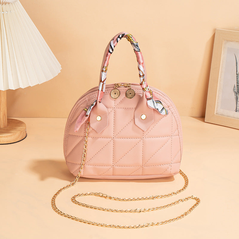 Stylish Quilted Shell Handbag with Chain Strap for Women, Fashionable Shoulder Crossbody Bag with Zipper Closure and Inner Pockets
