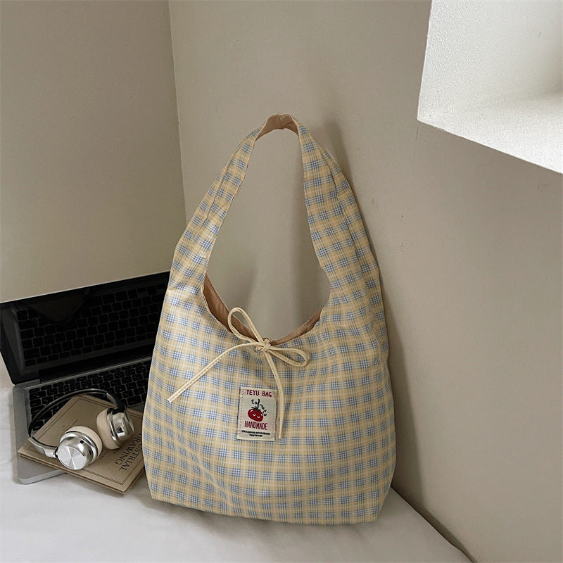 Korean Style Cartoon Tomato Plaid Tote Bag with Large Capacity, Fashionable Crossbody Bag for Students and Daily Use