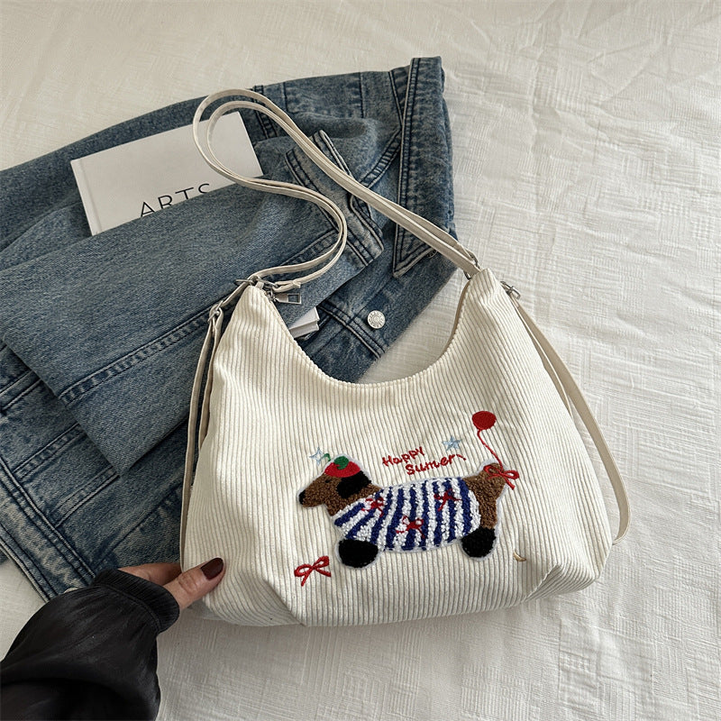 Women's Backpack Sausage Dog New Trendy Korean Large Capacity Corduroy Preppy Style Tote Bag