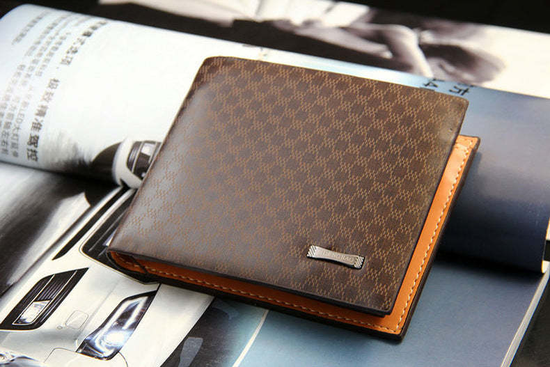 Men's Fashionable PU Wallet with Checkerboard Pattern, Slim Bifold Design, Anti-Theft Card Holder for Daily Use