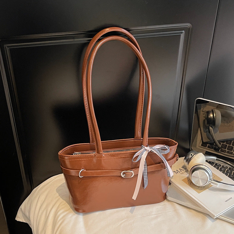 Korean Style Elegant Tote Bag 2025 Autumn New Fashion Simple Casual Shoulder Bag for Commuting with Checkered Ribbon Detail