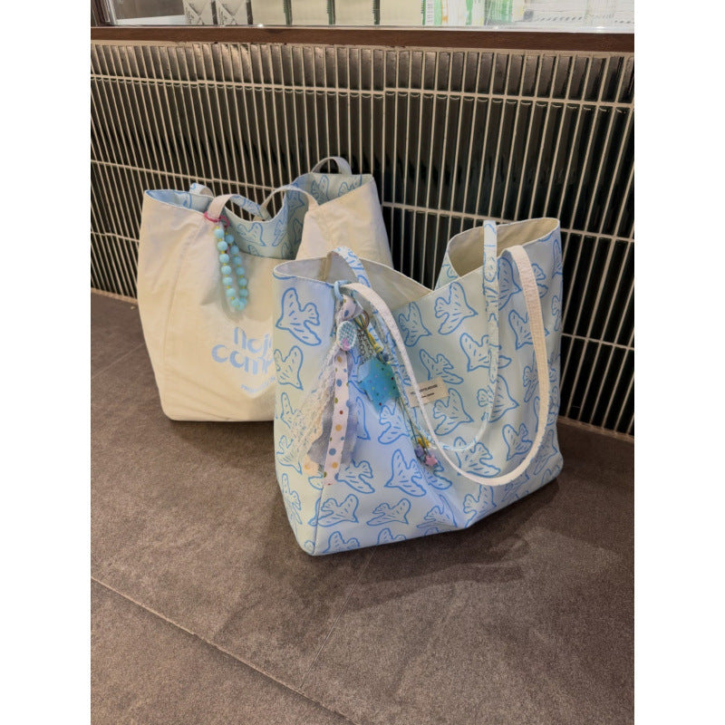 2026 New Spring Fresh Style Large Capacity Tote Bag with Bird Print, Dual-Sided Reversible Design for Casual Travel and Daily Use