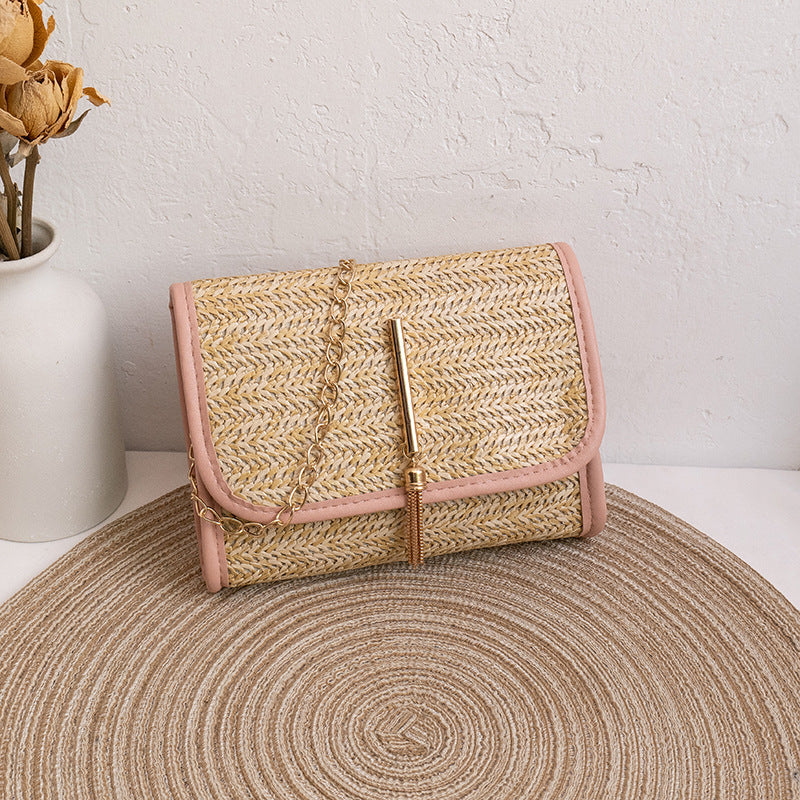 Straw Bag Women's Trendy All-Match Woven Small Square Bag New Tassel Chain Bag