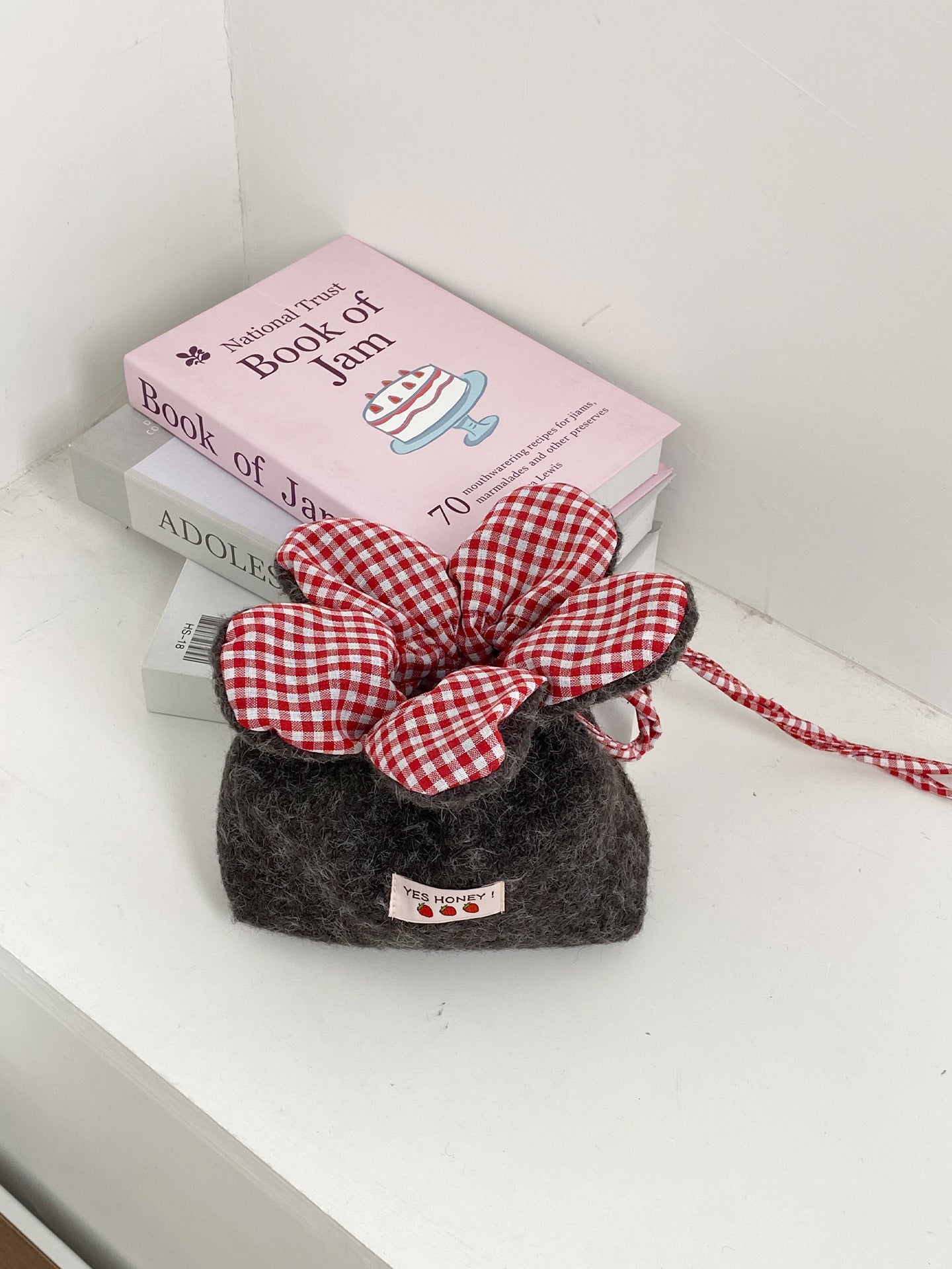 Cute Denim Flower Drawstring Crossbody Bag with Gingham Bloom, Korean Style Casual Phone Pouch for Daily Outings