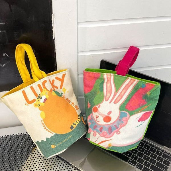 Cute Cartoon Canvas Tote Bags with Lucky Charms and Fun Prints for Kids and Teens - Perfect for Outdoor Travel and Daily Use
