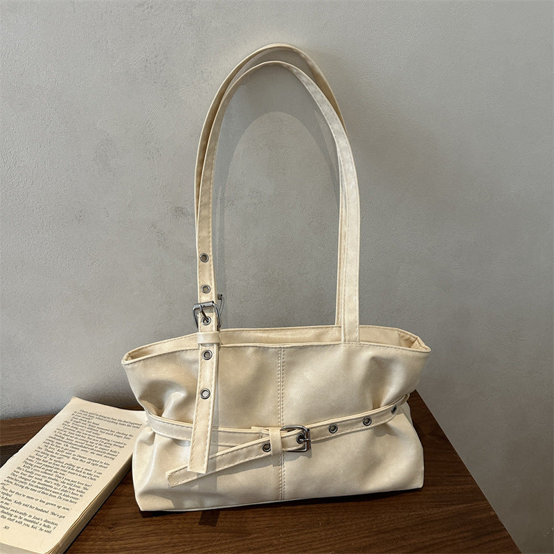 Retro Chic Women's Large Capacity Tote Bag with Belt Buckle Design for Daily Commute and Casual Style