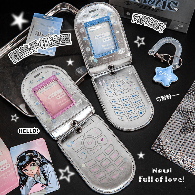 Flip Phone Style Card Holder with Transparent Window and Three Card Slots, Cute Design for Students and Fans