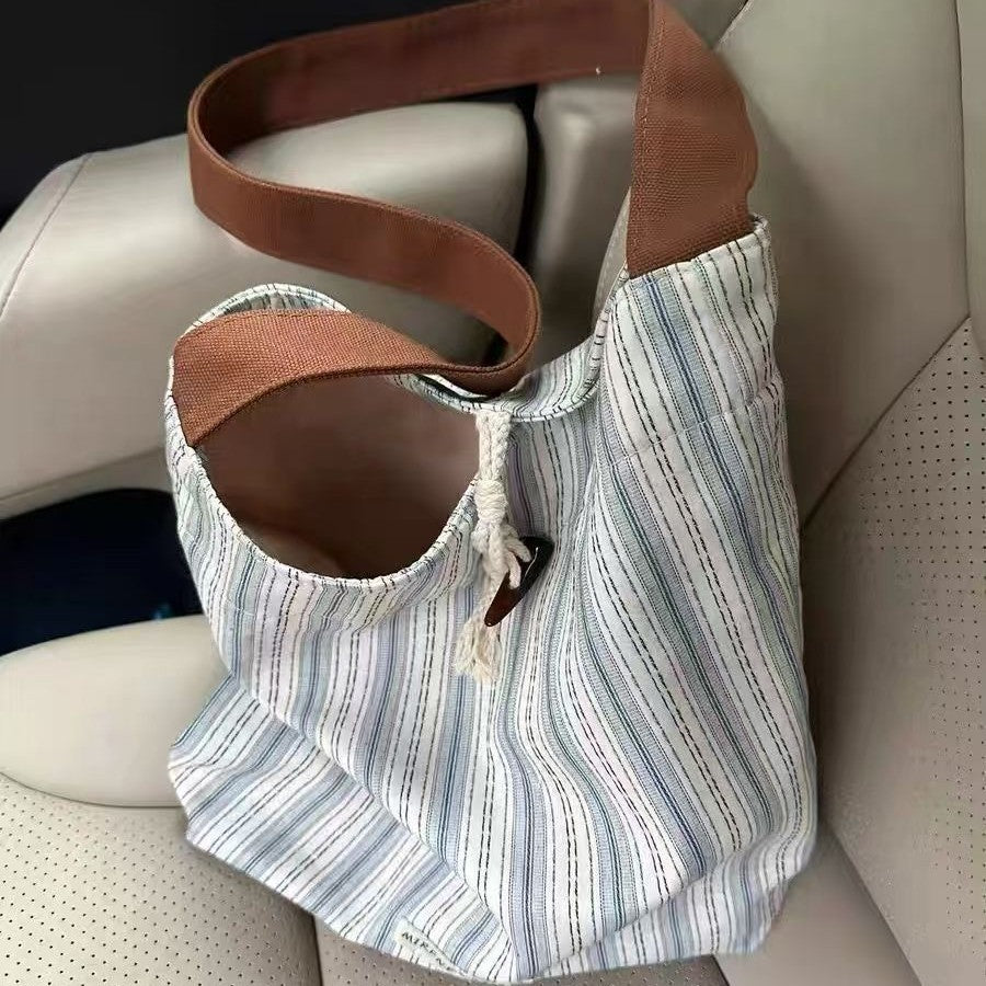 Striped Canvas Women's Tote Large Capacity Shoulder Bag Soft Texture Casual Versatile Daily Commuter Bag