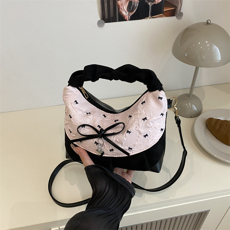 Korean Style Checkerboard Crossbody Bag 2025 Summer New Fashion Casual Simple Shoulder Bag with Lace Trim and Cherry Patch